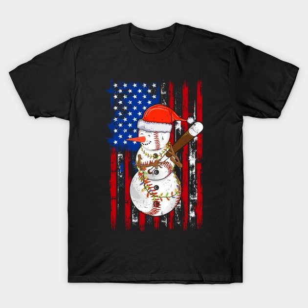 Christmas Snowman Playing Baseball Us Flag Xmas Background T-Shirt by Sandra Holloman